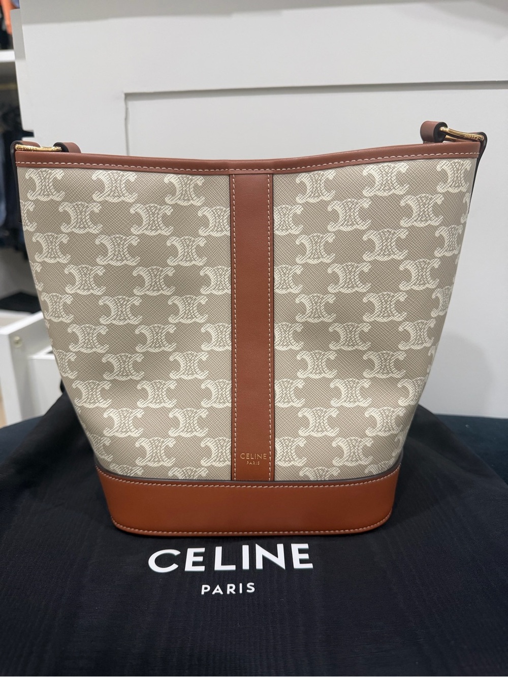 Celine Beige Canvas Bucket Triomphe Bag Small with Brown Leather Trim